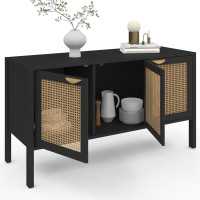 Buffet Bas 140 Cm EDHEN - 2 Portes Cannage + 3 Tiroirs - Bois Et Cannage - Pour Salon, Salle à Manger