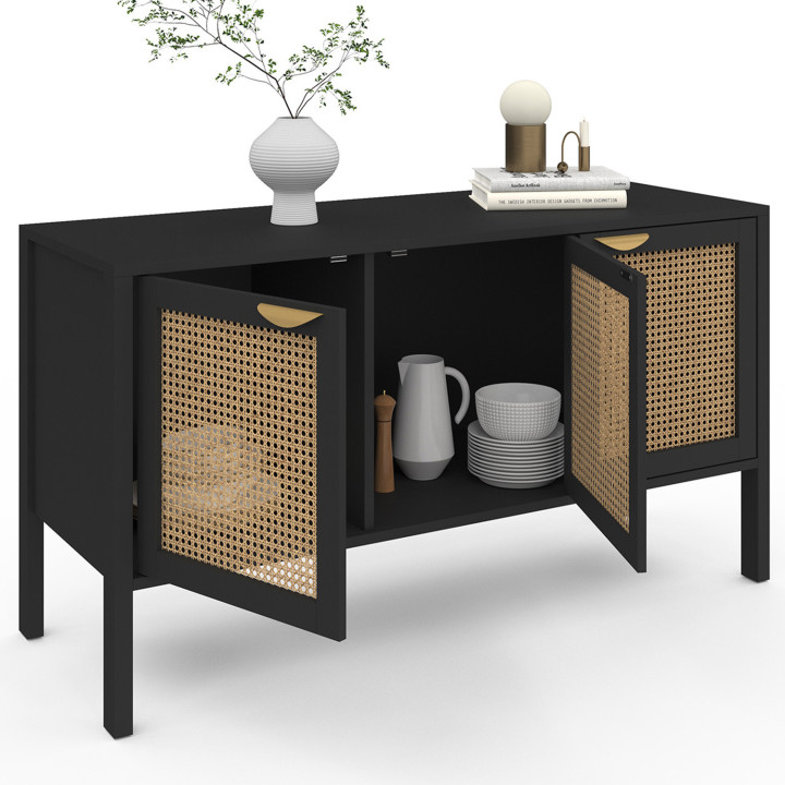 Laag zwart houten dressoir 110 cm 3 rieten deuren - EDHEN | ID Market