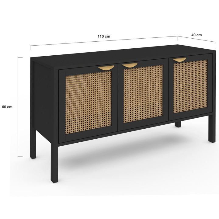 Buffet bas 110 cm EDHEN 3 portes bois noir et cannage