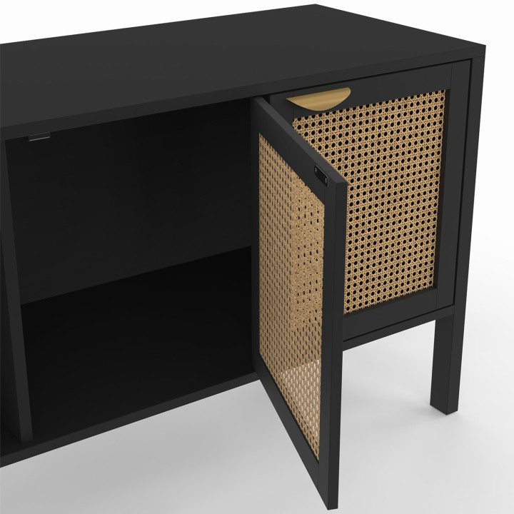 Buffet bas 110 cm EDHEN 3 portes bois noir et cannage