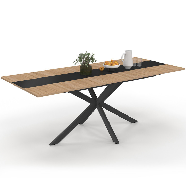 Table à manger extensible rectangle ALIX 6-10 personnes bois et et bande centrale noire 160-200 cm