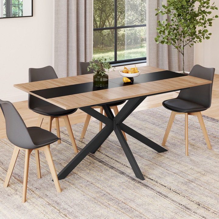 Table à manger extensible rectangle ALIX 6-10 personnes bois et et bande centrale noire 160-200 cm