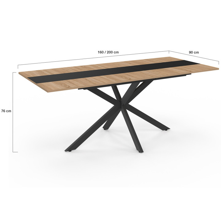 Table à manger extensible rectangle ALIX 6-10 personnes bois et et bande centrale noire 160-200 cm