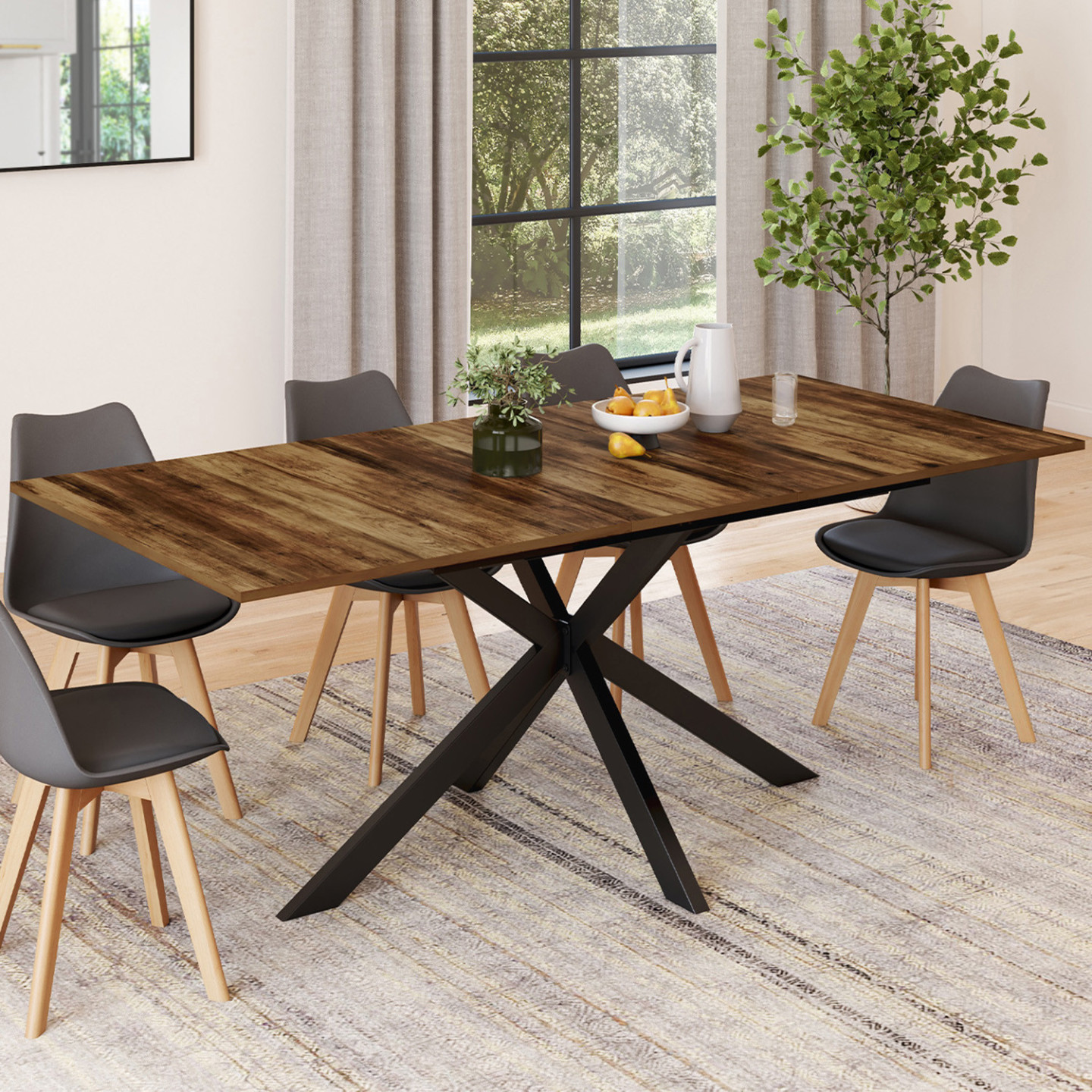 Table à Manger Extensible Rectangle SELMA 6-10 Personnes Bois Et Noir 160 200 Cm