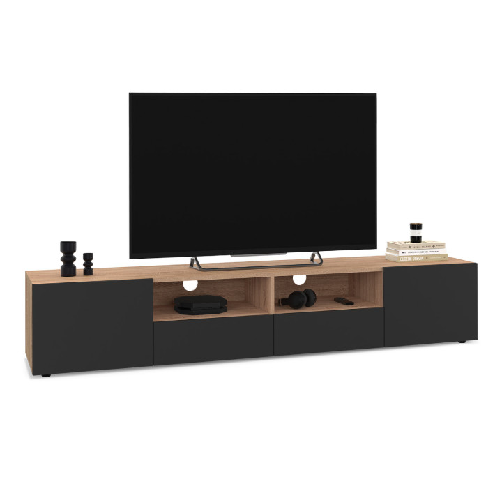 Meuble TV 180 cm ELI bois façon hêtre portes noires