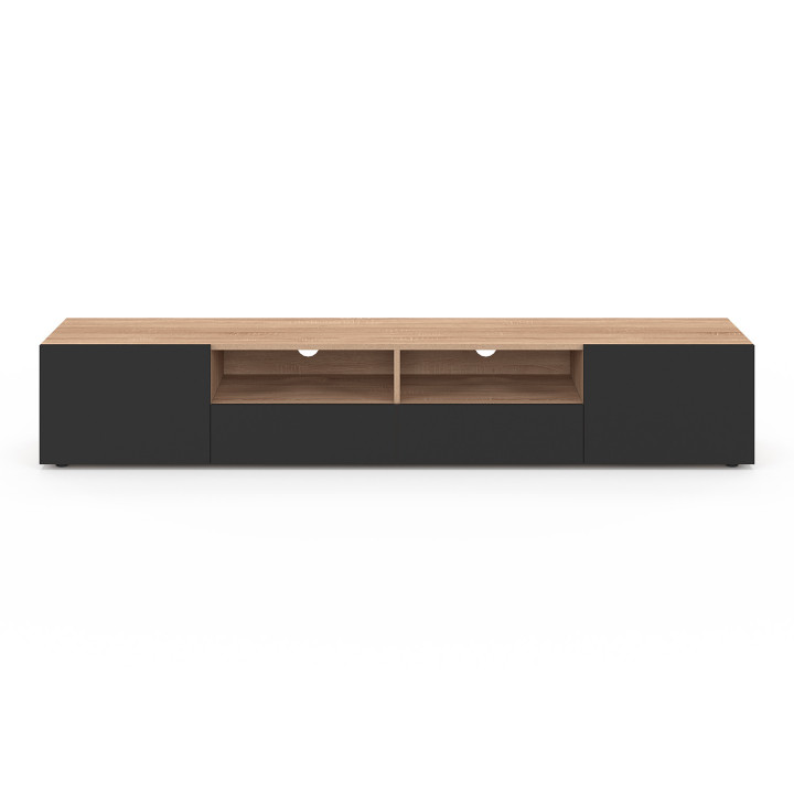 Meuble TV 180 cm ELI bois façon hêtre portes noires
