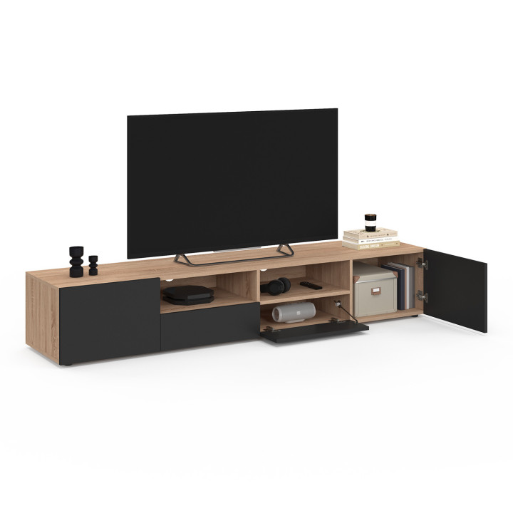 Meuble TV 180 cm ELI bois façon hêtre portes noires