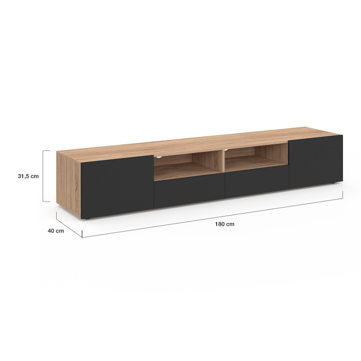 Meuble TV 180 cm ELI bois façon hêtre portes noires