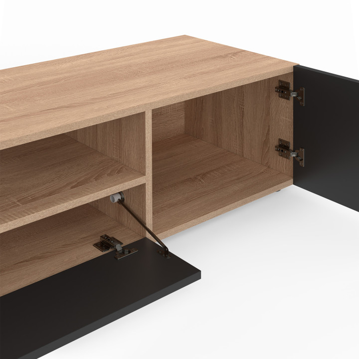 Meuble TV 180 cm ELI bois façon hêtre portes noires