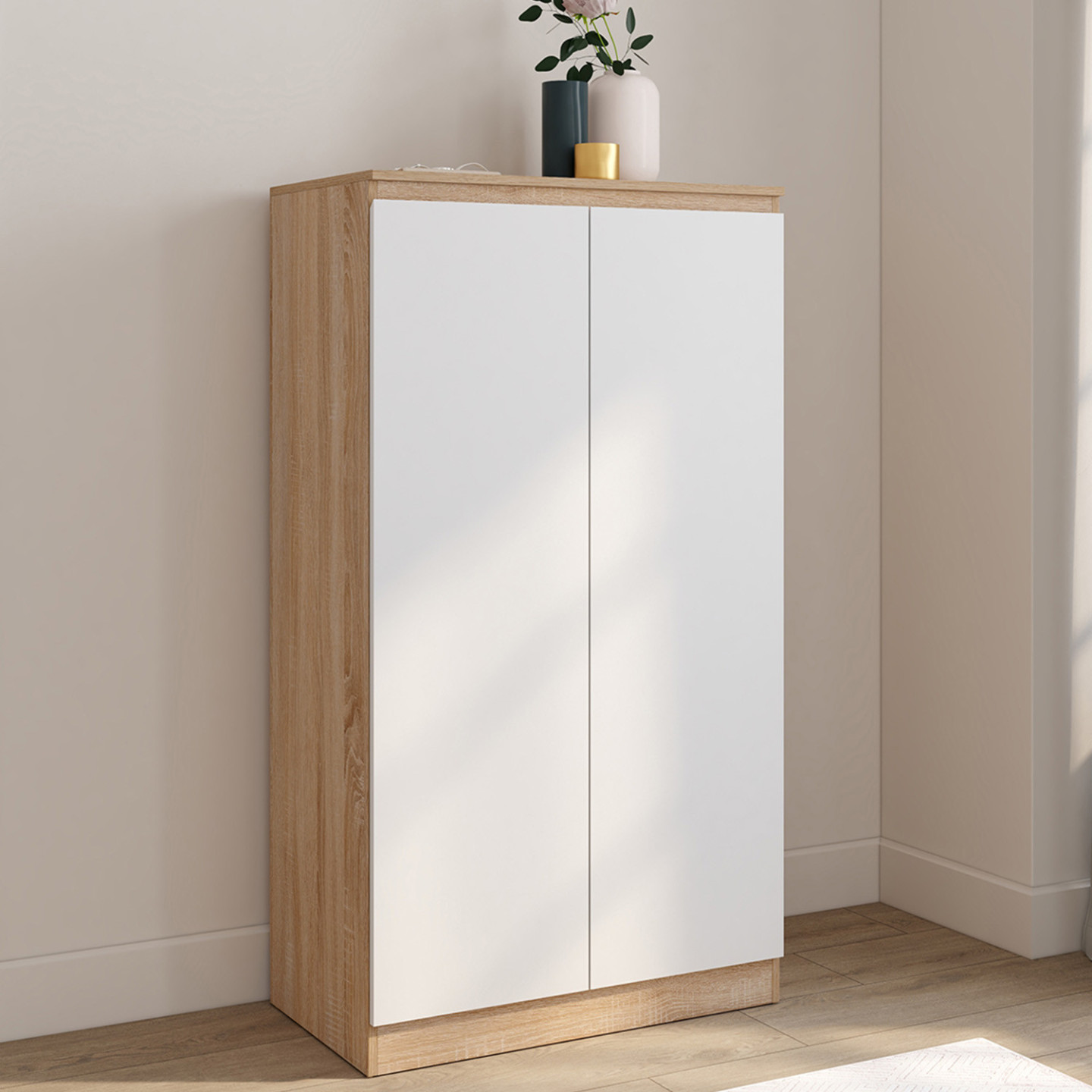 Mueble zapatero 18 pares 2 puertas blanco y efecto madera- TOMI