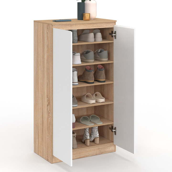 Mueble zapatero 18 pares 2 puertas blanco y efecto madera- TOMI | ID Market