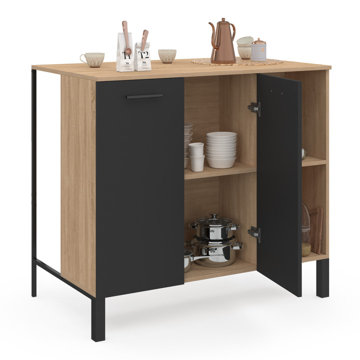 Table de bar îlot CINA 100 cm bois noir et plateau façon hêtre