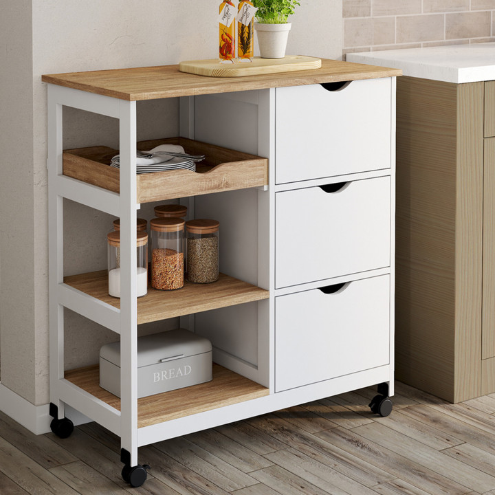 Aparador de cocina extraíble con 3 cestas y 1 bandeja efecto blanco y haya 76 cm - MUNA | ID Market