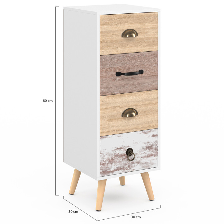 BAHIA 30 cm dressoir met 4 laden Scandinavisch chiffonier voor entree badkamer