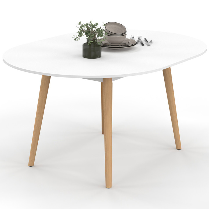 Mesa de comedor redonda extensible 4-8 personas pata de madera blanca 110 - 150 cm - ANGELA | ID Market