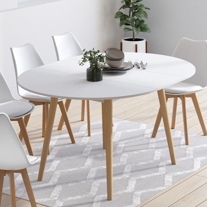 Mesa de comedor redonda extensible 4-8 personas pata de madera blanca 110 - 150 cm - ANGELA | ID Market