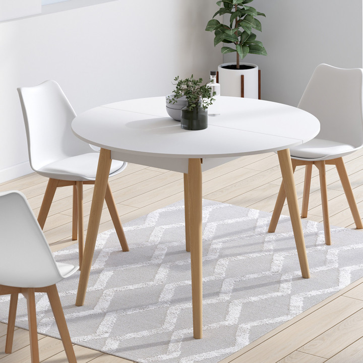 Mesa de comedor redonda extensible 4-8 personas pata de madera blanca 110 - 150 cm - ANGELA | ID Market