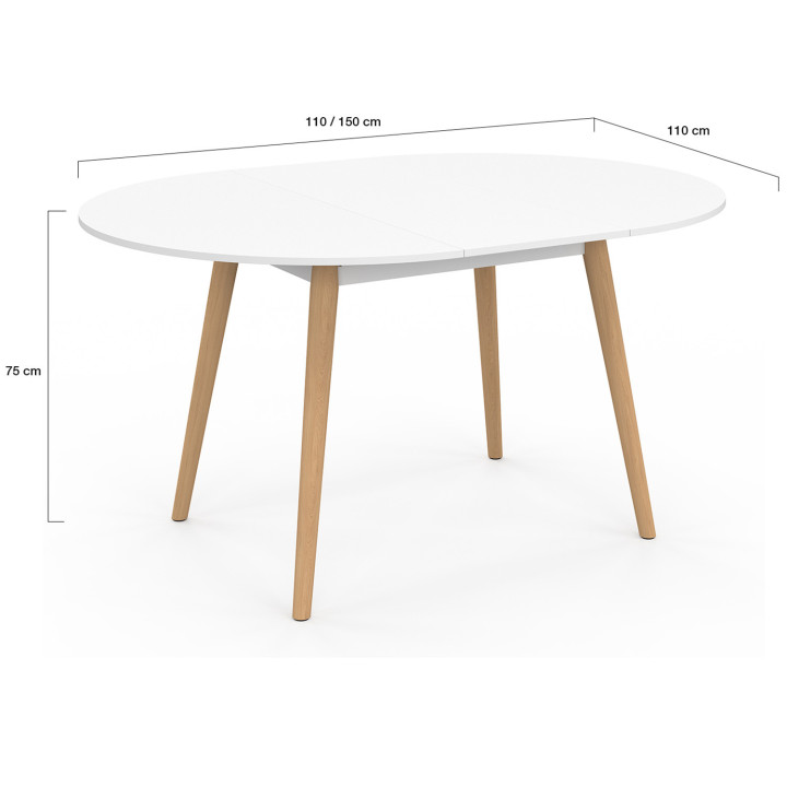 Mesa de comedor redonda extensible 4-8 personas pata de madera blanca 110 - 150 cm - ANGELA | ID Market