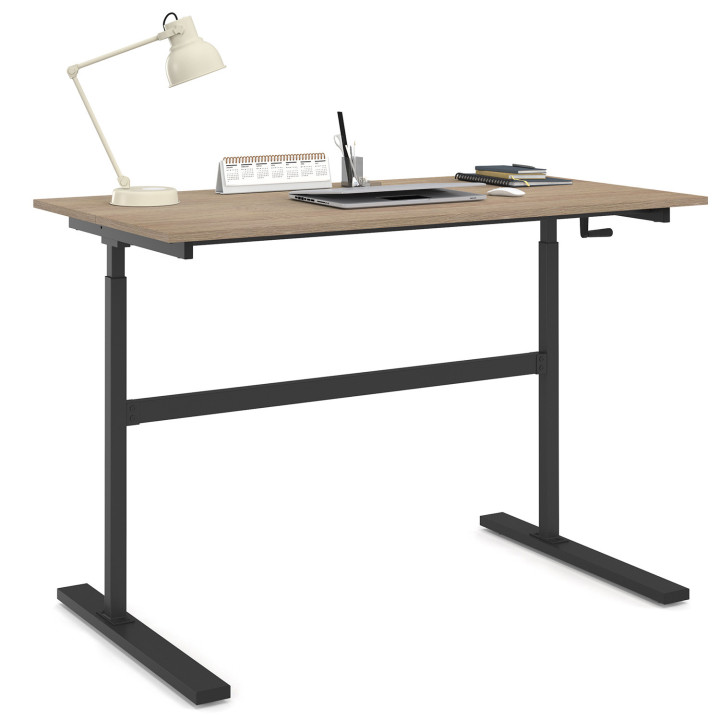 Recht bureau met zwengel in hoogte verstelbaar 70 - 120 cm beukenstructuur hout en zwart - JEANNE | ID Market