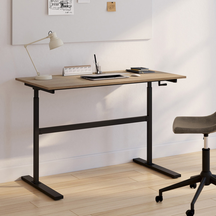 Escritorio recto con manivela regulable en altura 70 - 120 cm madera de haya veteada y negro - JEANNE | ID Market