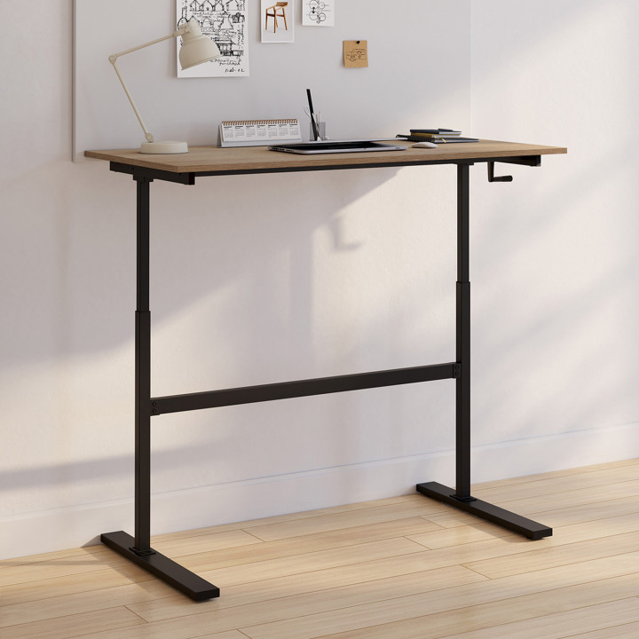 Recht bureau met zwengel in hoogte verstelbaar 70 - 120 cm beukenstructuur hout en zwart - JEANNE | ID Market