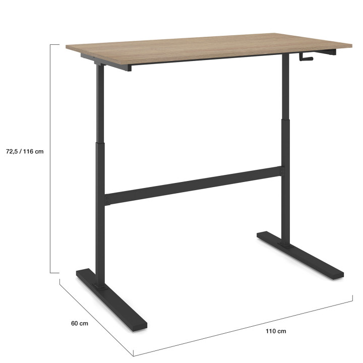 Recht bureau met zwengel in hoogte verstelbaar 70 - 120 cm beukenstructuur hout en zwart - JEANNE | ID Market