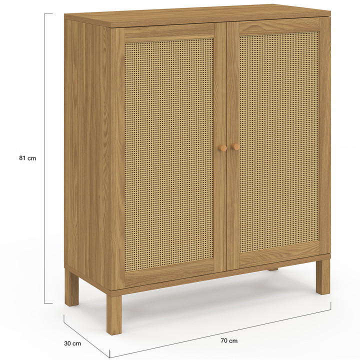 Beistellbuffet im Vintage-Stil, 2 Türen, 70 cm HANAE mit natürlichem Effekt, Rohrgeflecht