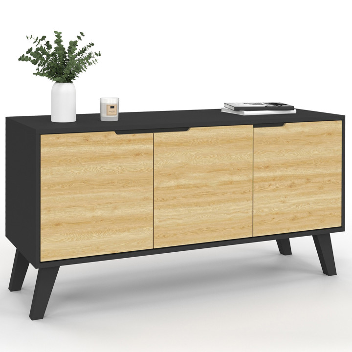 Buffet bas scandinave 113 cm FINN noir 3 portes façon hêtre