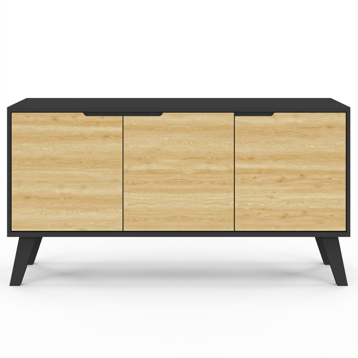 Buffet bas scandinave 113 cm FINN noir 3 portes façon hêtre