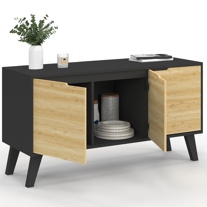 Buffet bas scandinave 113 cm FINN noir 3 portes façon hêtre