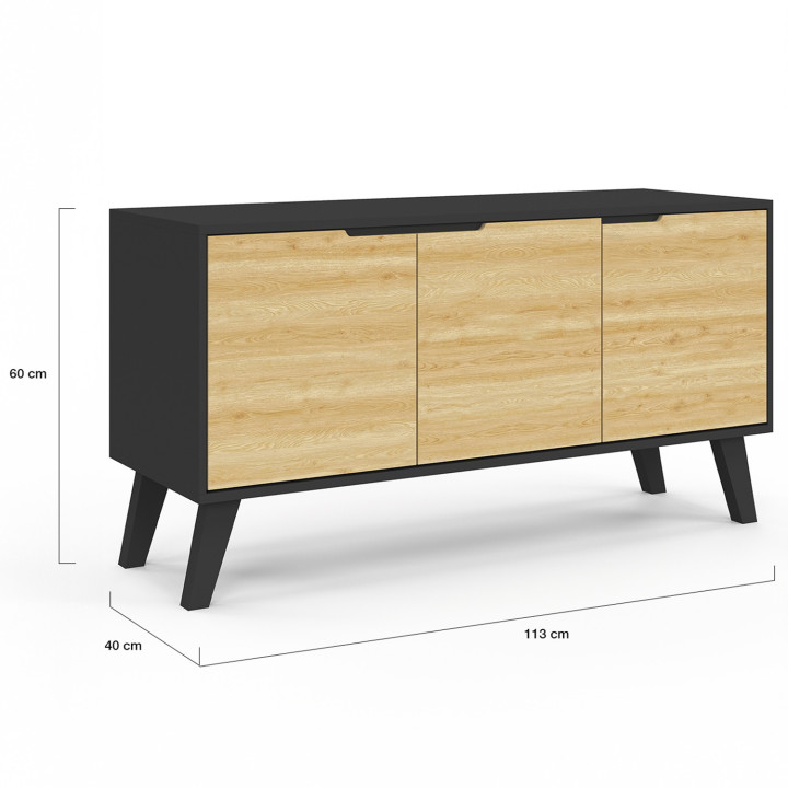 Scandinavisch laag dressoir 113 cm FINN zwart 3 deuren met beukeneffect