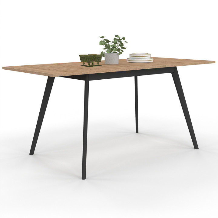 Table scandinave extensible rectangle INGA 4-8 personnes plateau bois pieds noirs 120-160 cm