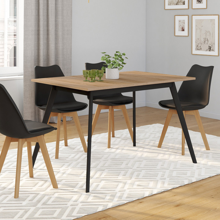 Günstiger ausziehbarer skandinavischer Tisch mit Holzplatte und schwarzen Beinen – INGA