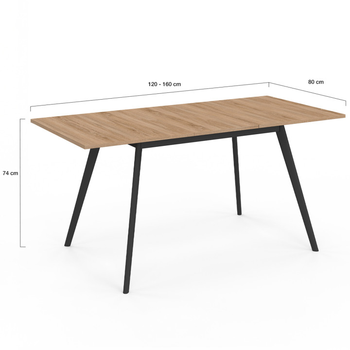 Table scandinave extensible rectangle INGA 4-8 personnes plateau bois pieds noirs 120-160 cm