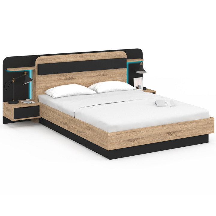 Letto matrimoniale NATHAN 140 x 190 cm con testata, comodini sospesi, mensola, luce LED e rete a doghe in legno e nero