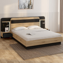Letto matrimoniale NATHAN 140 x 190 cm con testata, comodini sospesi, mensola, luce LED e rete a doghe in legno e nero