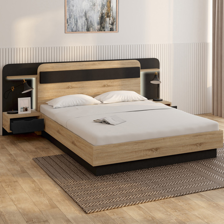 Letto matrimoniale NATHAN 140 x 190 cm con testata, comodini sospesi, mensola, luce LED e rete a doghe in legno e nero