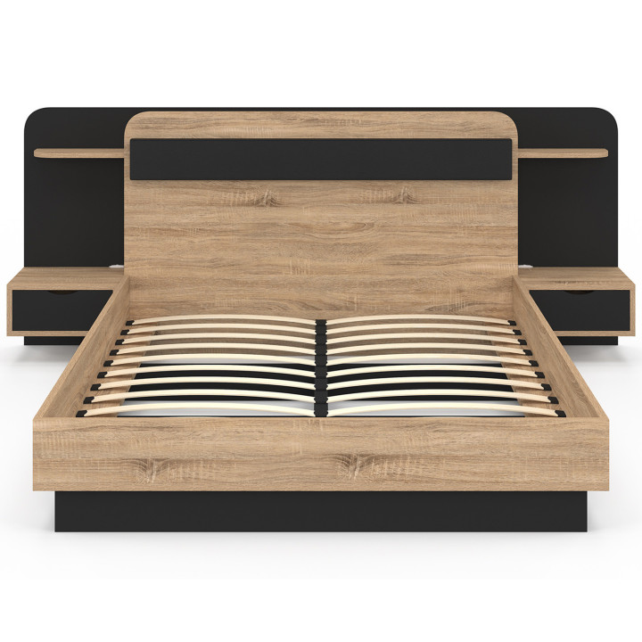 Letto matrimoniale NATHAN 140 x 190 cm con testata, comodini sospesi, mensola, luce LED e rete a doghe in legno e nero