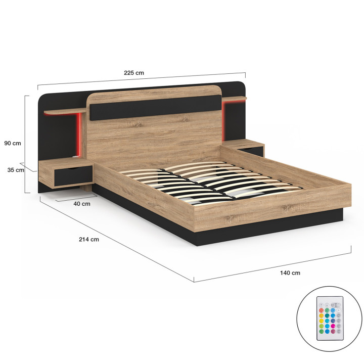 Letto matrimoniale NATHAN 140 x 190 cm con testata, comodini sospesi, mensola, luce LED e rete a doghe in legno e nero