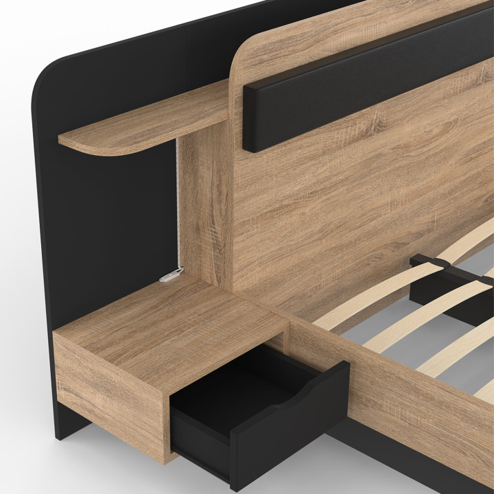Letto matrimoniale NATHAN 140 x 190 cm con testata, comodini sospesi, mensola, luce LED e rete a doghe in legno e nero