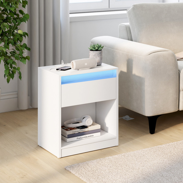 Lot de 2 tables de chevet TED à LEDS avec station de recharge 1 tiroir et niche