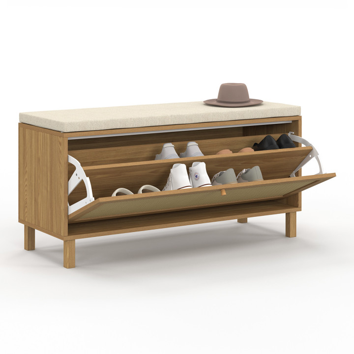 Banc d'entrée vintage HANAE avec rangement chaussures effet naturel cannage