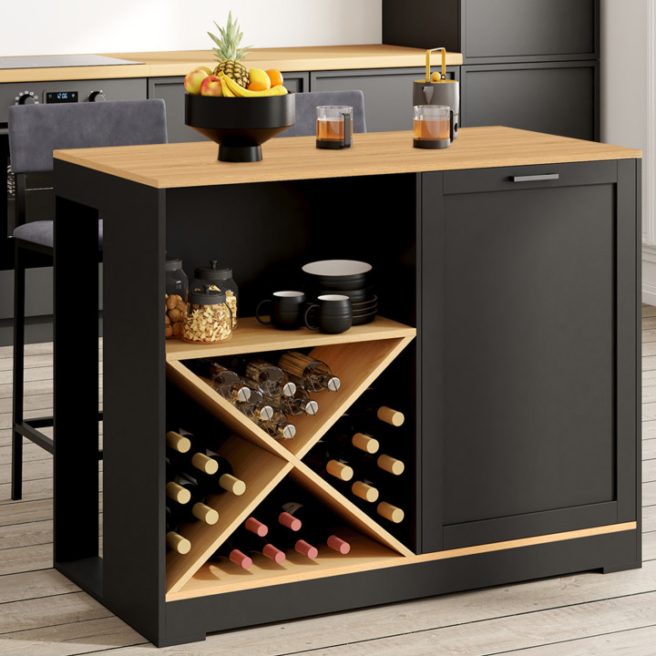 Tavolo bar a isola VITO 113 cm con portabottiglie in legno nero e piano in faggio