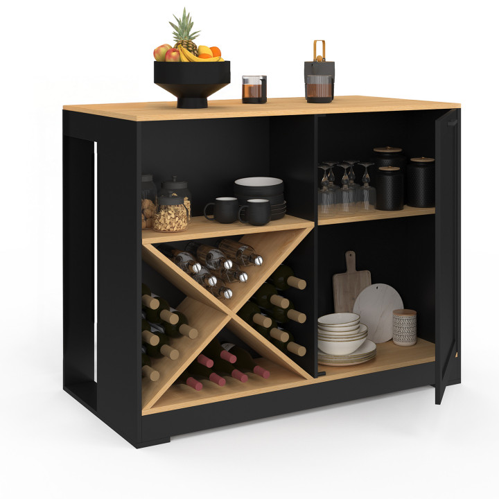 Tavolo bar a isola VITO 113 cm con portabottiglie in legno nero e piano in faggio