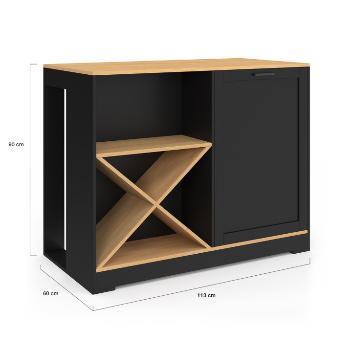 Tavolo bar a isola VITO 113 cm con portabottiglie in legno nero e piano in faggio