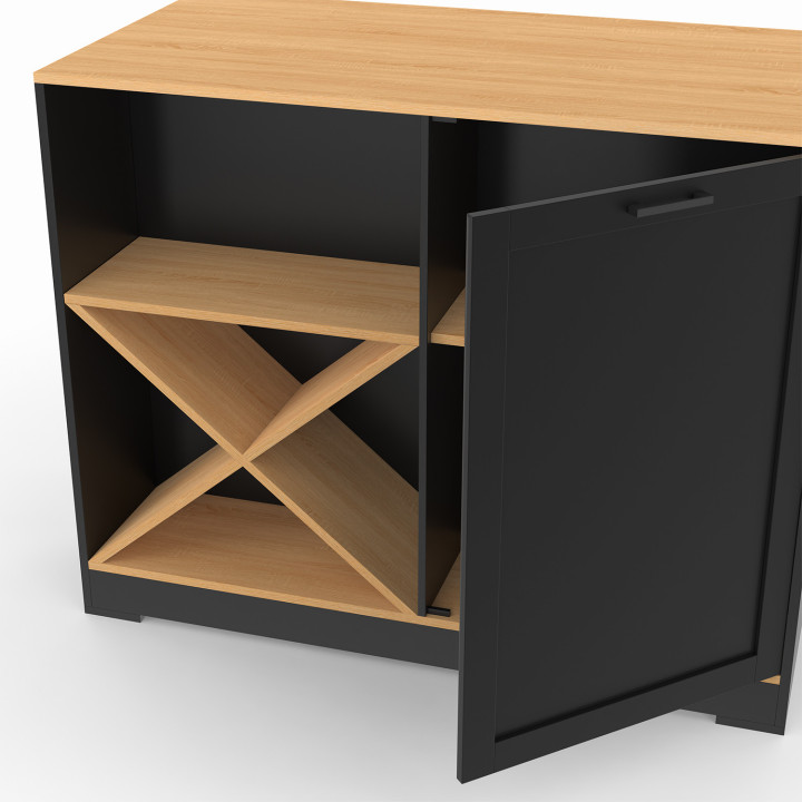 Tavolo bar a isola VITO 113 cm con portabottiglie in legno nero e piano in faggio