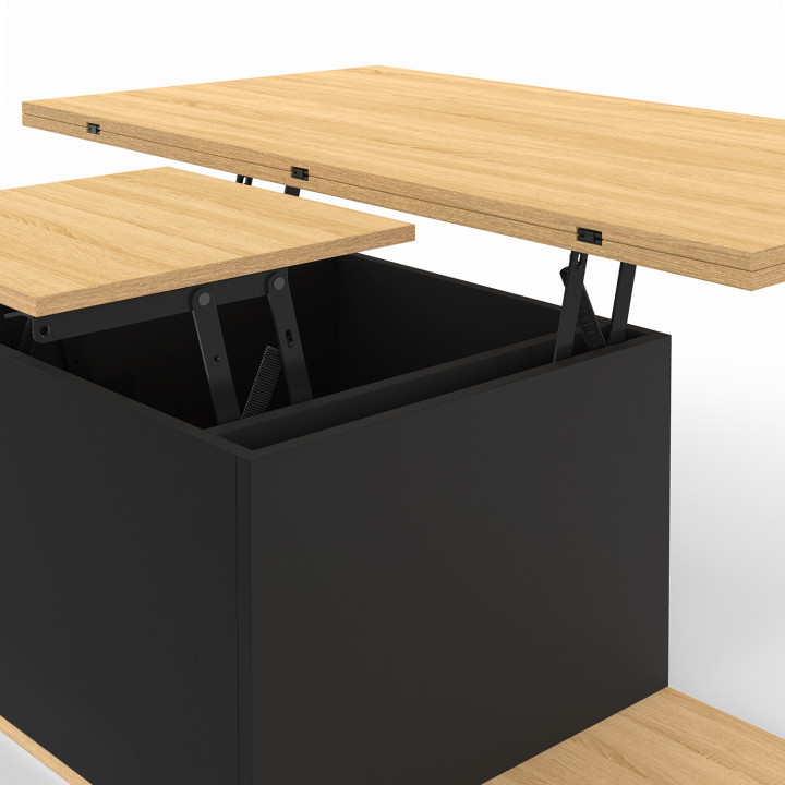 Table basse rectangulaire bois et noir convertible en table à manger avec poufs - EDEN | ID Market