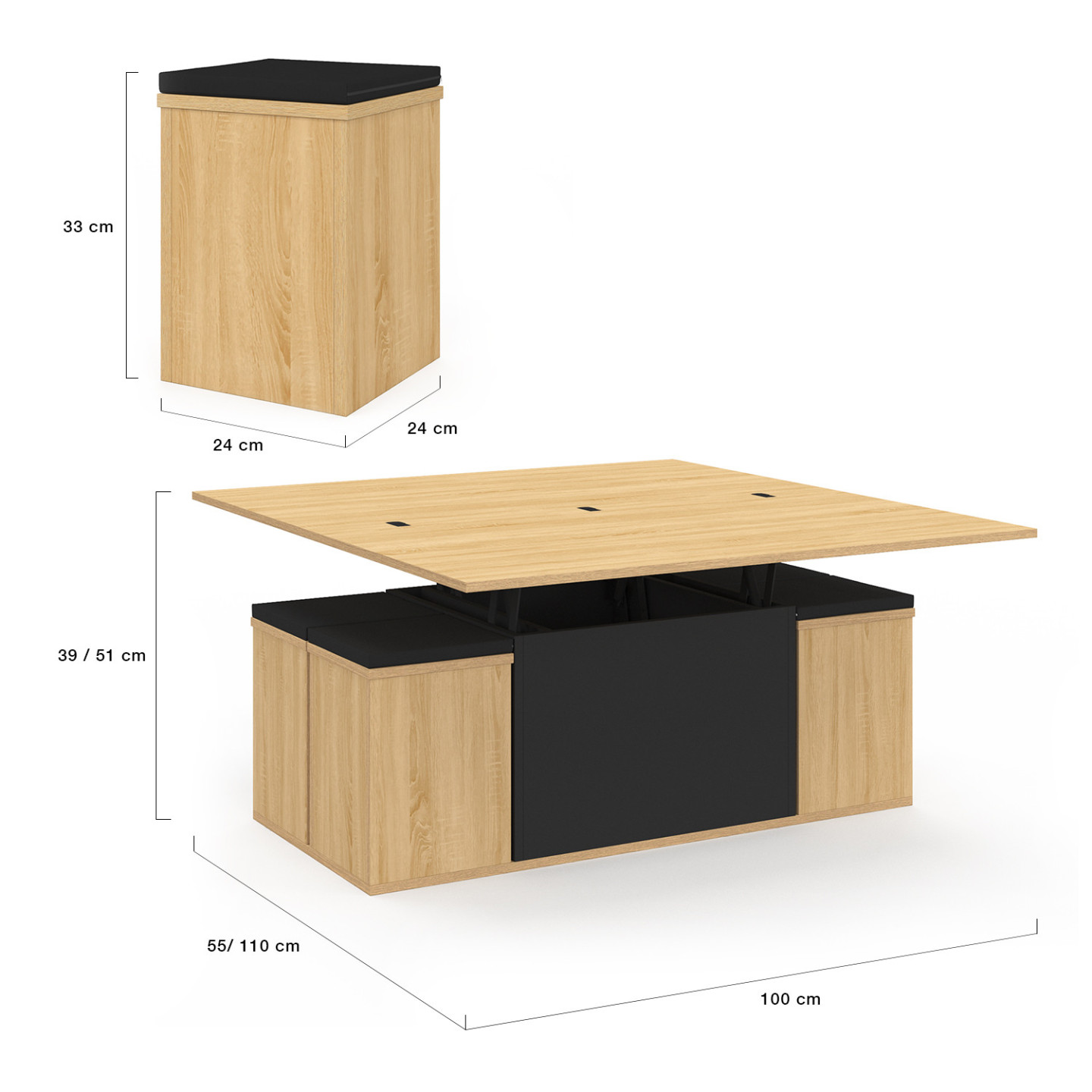 Table Basse Rectangulaire Relevable IDMarket Eden Avec 4 Poufs - Convertible En Table à Manger, Gain De Place, Bois Et Noir