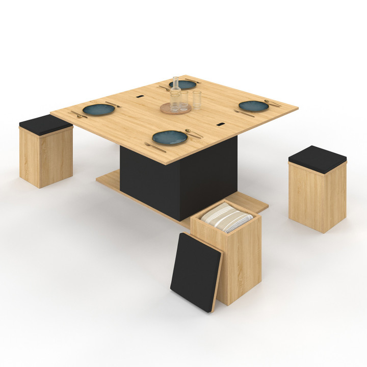 Table basse rectangulaire bois et noir convertible en table à manger avec poufs - EDEN | ID Market