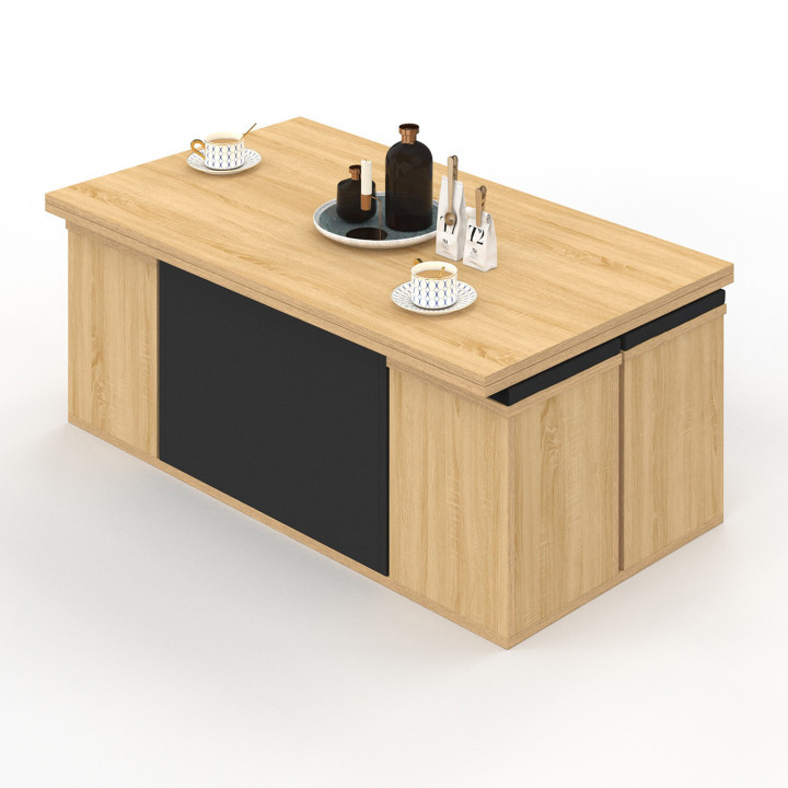 Table basse rectangulaire bois et noir convertible en table à manger avec poufs - EDEN | ID Market